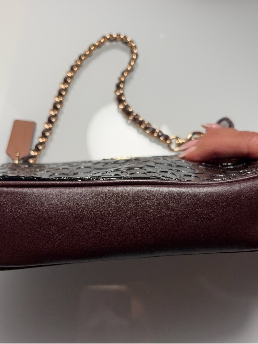 Coach Black/Burgundy Embossed Patent Signature Mini Shoulder Bag Chain Y2K Style - Picture 6 of 9